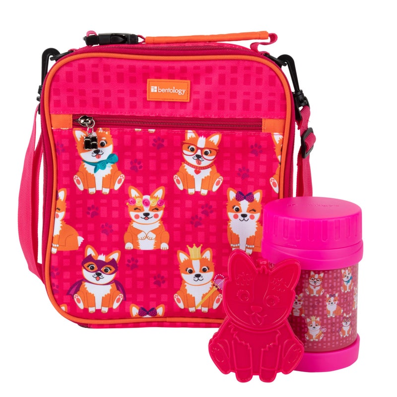 Bentology Kids Complete Pink Corgi Lunch Box Kit - Insulated Soft Bag Sleeve, Convertible Tote Strap for Kids, 13oz Food Jar & Reusable Hard Ice Pack - Keeps Food Hot or Cold for Hours- Back to School Essential - Image 1